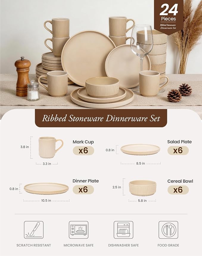 OTAGO 24-Piece Dinnerware Set for 6 with Mugs, Ribbed Stoneware Plates and Bowls Sets, Unique Handcrafted Reactive Glaze, Chip and Scratch Resistant Dish Set, Microwave & Dishwasher Safe, Yellow