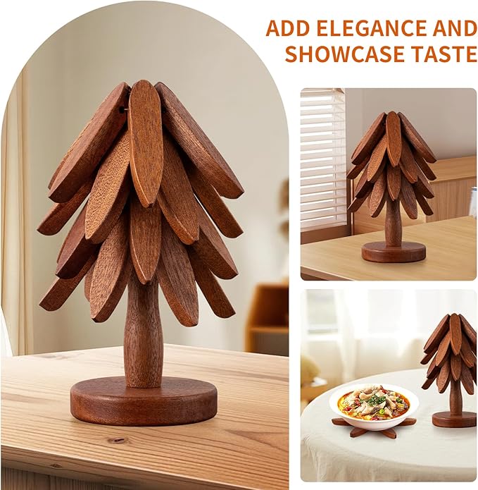 Vertdens Wooden Trivets for Hot Dishes, Hot Dish Coaster with Tree-Shaped Wood Collapsible Hot Pad Trivet Tree for Restaurant, 4 Wooden Trivet + 1 Stand（Walnut Wood）