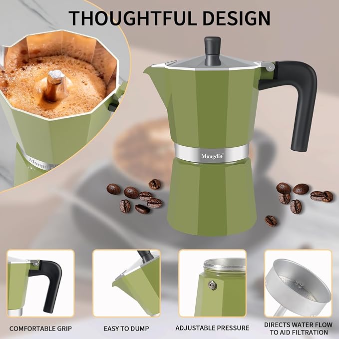 Mongdio Stovetop Espresso Maker Moka Pot, Stove Top Cuban Coffee Maker, Italian Greca Mocha Pot, 9 Espresso Cups, 15 oz - Green
