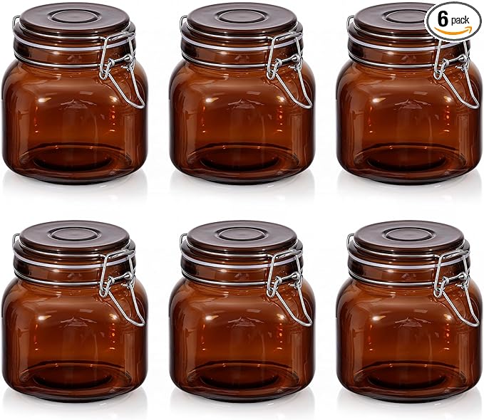 Norme 6 Pack 25oz Amber Airtight Glass Jars with Lids, Square Food Storage Container Airtight Food Wire Clip Fastening for Sauerkraut Flour Kitchen Sugar Cereal Kitchen Canning Pickling Mason Jars