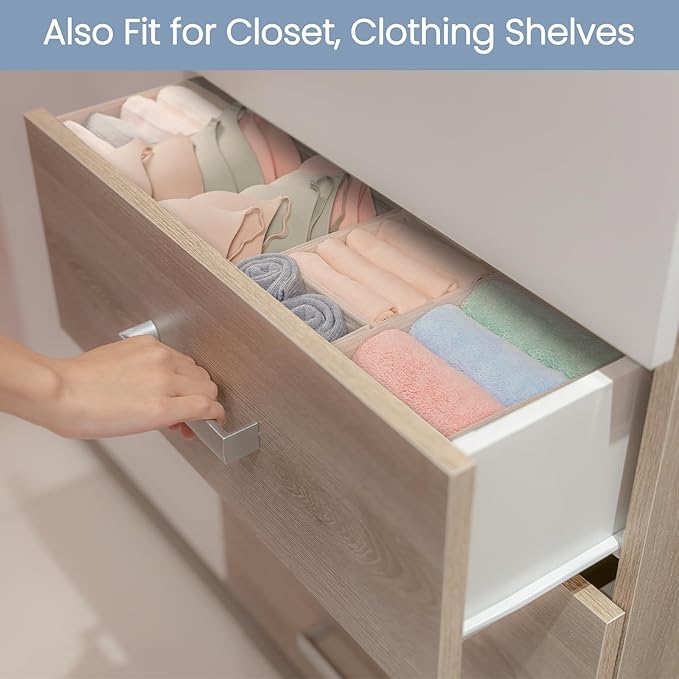 Criusia Drawer Organizer Clothes, 24 Pack Underwear Drawer Organizers, Foldable Closet Organizers and Storage Dresser Drawer Dividers Clothing Organizer for Clothes, Socks, Scarves, Bra, Ties (Beige)