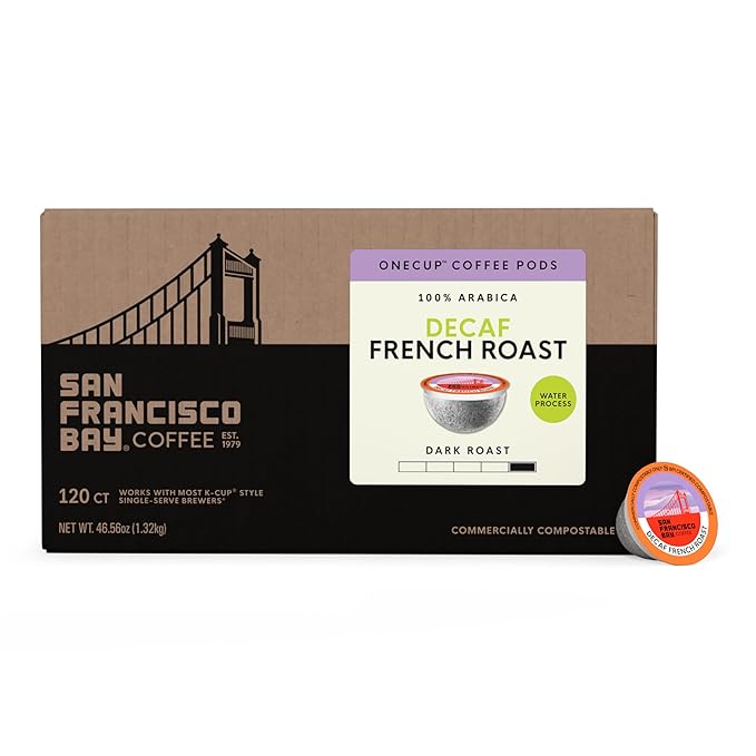 San Francisco Bay Decaf K-Cup Coffee Pods, Decaf French Roast (80 ct), Dark Roast, Commercially Compostable Single-Serve Coffee Pods, Swiss Water Process