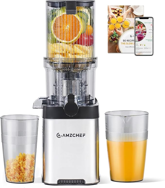 AMZCHEF Cold Press Juicer, Juicer Machines - 4.6" Large Feed Chute for Whole Fruits & Vegetables, Stainless Steel Slow Masticating Juicer Easy to Clean, Large Auger, Double Strainers, Silver