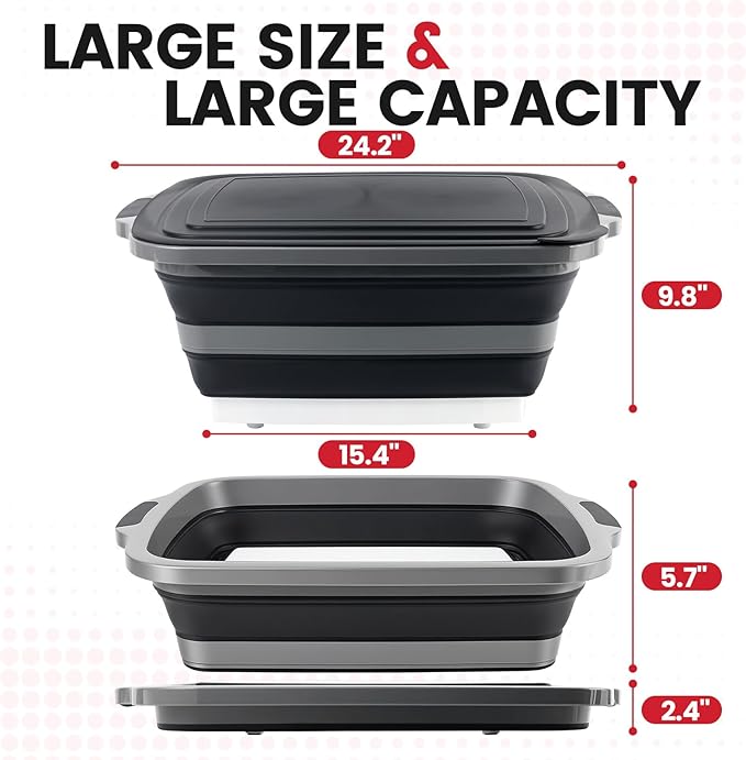 BBQ Prep Tub 3-IN-1 Large 30L Collapsible Cutting Board with Lid for Grill Meal Prep Marinating Food, Camping Sink with Colander, Dish Basin, Storage Blanket for Camping Picnic BBQ Grilling, Black