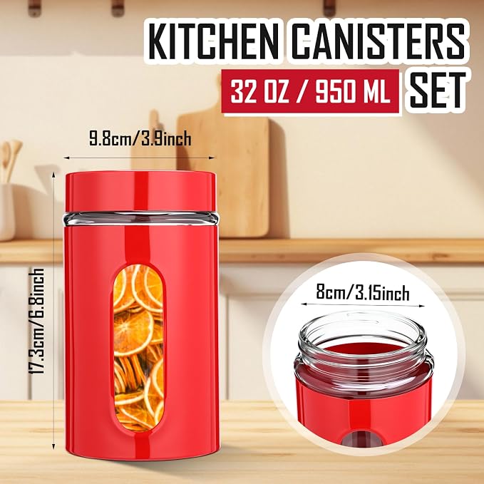 Patelai 6 Pack Kitchen Canisters Set 20 oz Airtight Stainless Steel Canister Food Storage Container with Window Glass, Coffee Sugar Candy Jars Tea Organizer for Flour Cookies Spice (Red,32 oz)