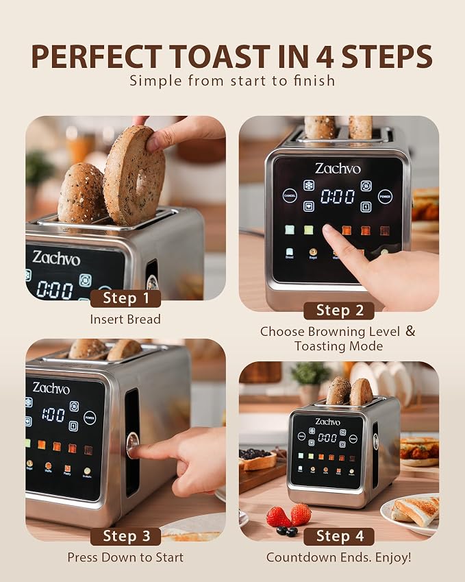 2 Slice Toaster with Smart Touchscreen & Digital Countdown Timer, 1.5" Wide Slot Toaster for Bagels & Bread, 6 Shade Settings, Memory, Defrost & Reheat, Slim Stainless Steel Design for Kitchen