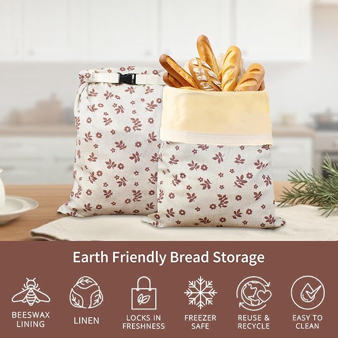 Saicefe 2 Pack Reusable Beeswax Bread Bags for Sourdough & Homemade Bread, Linen Waxed Bags Keeps Fresh Longer XL Food Storage Bags with Beeswax Lining, Freezer Safe, Baking Supplies for Sourdough