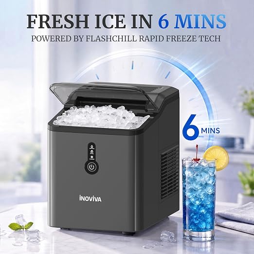 INOVIVA Ice Makers Countertop, Nugget Ice Ready in 6 Mins,26.5LBS/Day, FLASHCHILL™, Self-Cleaning Ice Machine, Compact Portable Design for Home, Kitchen, Office & Party