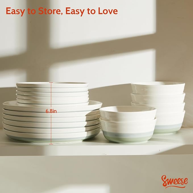 Sweese Plates and Bowls Sets,18 Pieces Modern Porcelain Dinnerware Set for 6 Handcrafted Uniqe Dinner Set Ceramic Dishware Dishes Microwave and Dishwasher Safe, Blue & Green