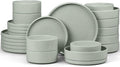 E-far Dinnerware Sets with Pasta Bowls, 24-Piece Stoneware Plates and Bowls Sets for 6 | Microwave & Dishwasher Safe Kitchen Modern Dish Set, Speckled Green