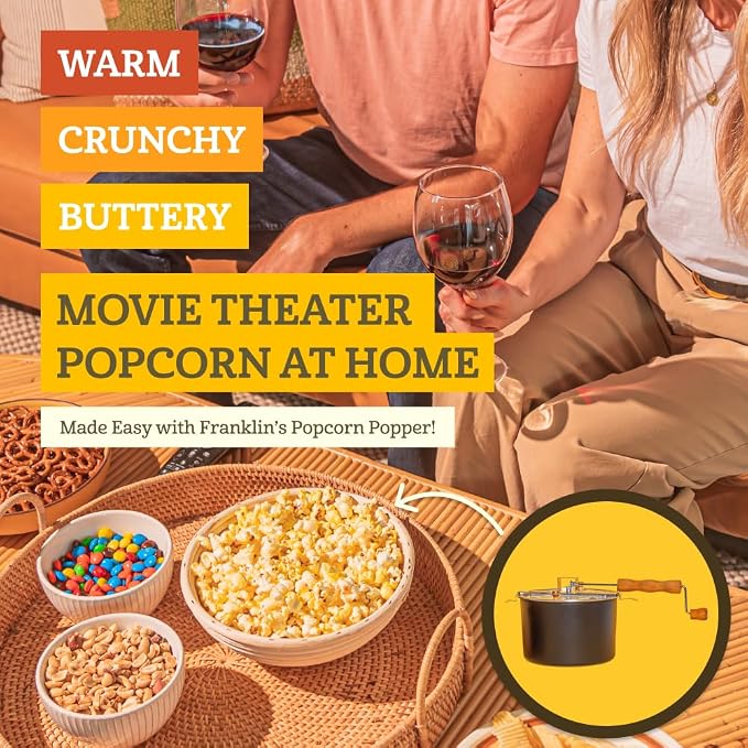 Franklin's Gourmet Popcorn - Movie Night Bundles - Stovepop Popcorn Maker, 28 oz Classic Popcorn Kernels, 19 oz Butter Flavored Salt, 30 oz Butter Flavored Coconut Oil