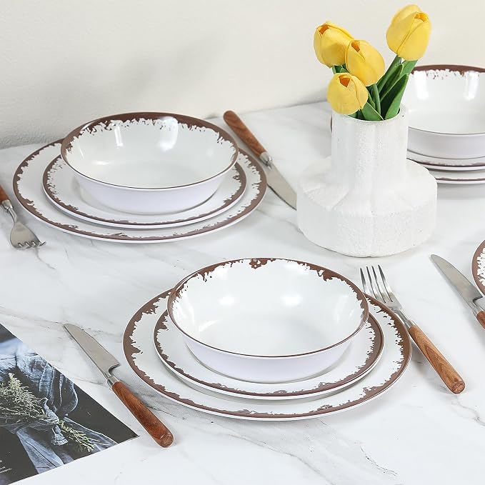 Melamine Dinnerware Set-12 Piece Farmhouse Plates and Bowls Set for 4,Lightweight&Durable Dish Set, Unbreakable Camping/RV Serving Dinner Plates, Dishwasher Safe, Off White