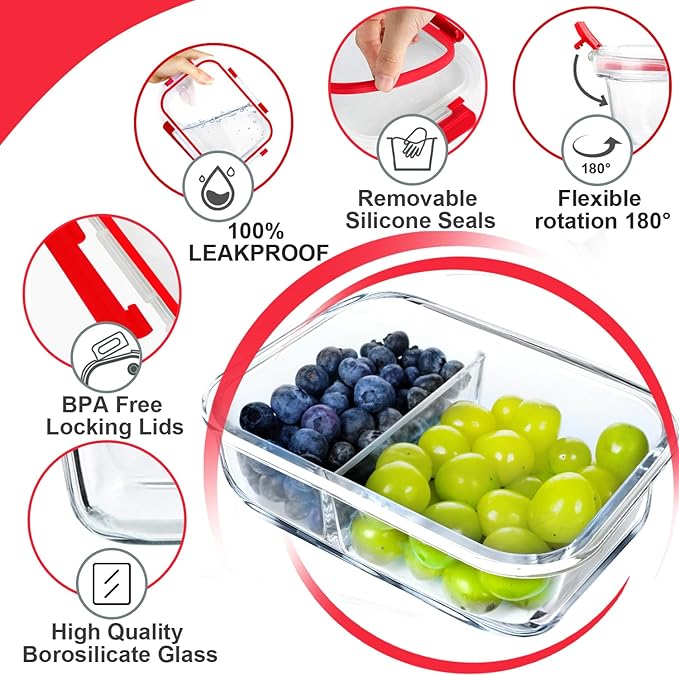 VERONES 10 Pack Glass Meal Prep Containers 2 Compartment Set, 30 OZ Airtight Glass Lunch Containers, Glass Food Storage Containers with Lids, for Microwave, Oven, Freezer & Dishwasher Friendly，Red
