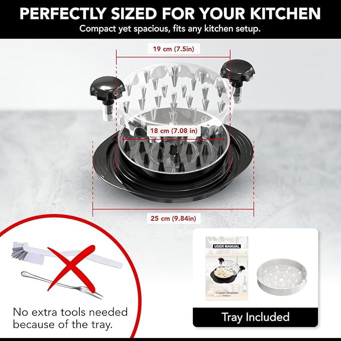 Chicken Shredder with Tray – Fast & Easy Meat Shredder for Pulled Chicken, Pork or Beef – BPA-Free, Anti-Slip Base, Dishwasher Safe – Manual BBQ Gadget – Designed in USA – Cozy Kitchen