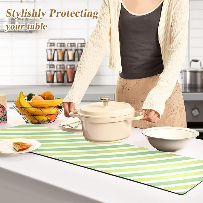 2-in-1 Table Runner Trivet for Hot Dishes Heat Resistant Hot Plate Mat Pad 39x12 Inch Waterproof Table Protector Trivets for Countertop Non Slip Decorative Green Lines
