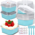 100 Pack 10oz Mini Cake Pans With Lids, Aluminum Foil Square Brownie Baking Cups,Disposable 4”x4” Large Cupcake Pan,Jumbo Muffin Tin Ramekins Holders (Light Blue)