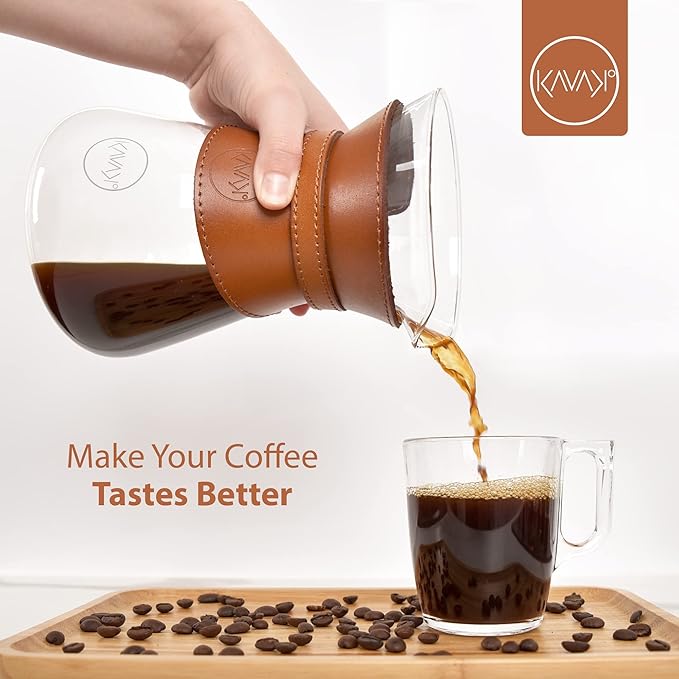 Pour Over Coffee Maker Set with Double-Layer Stainless Steel Filter, Coffee Dripper, Cork Lid and Leather Collar Holder - High Heat Resistance Borosilicate Glass Carafe, Great Gift Idea (37 oz)