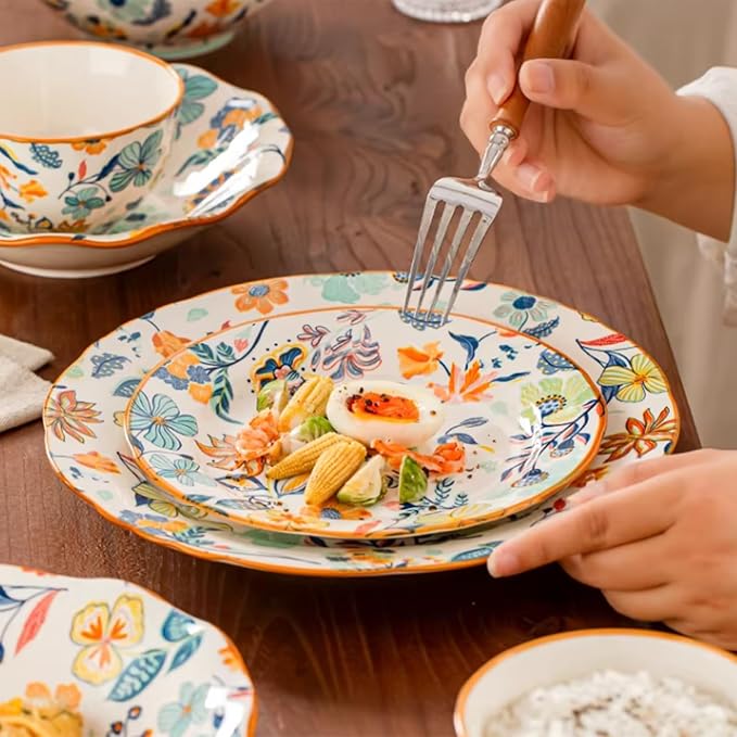 24-Piece Floral Pattern Ceramic Dinnerware Set (Service for 8) - High-Temp Fired, Microwave & Dishwasher Safe, Scratch-Resistant Kitchen Dining Plates Bowls Set