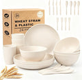 Dish Set for 4, Wheat Straw Dinnerware Sets 24 Piece, Unbreakable Bowls and Plates Set, Plastic Plates Reusable, Microwave and Dishwahser Safe Dining Set for Apartment, RV, Picnic - Beige
