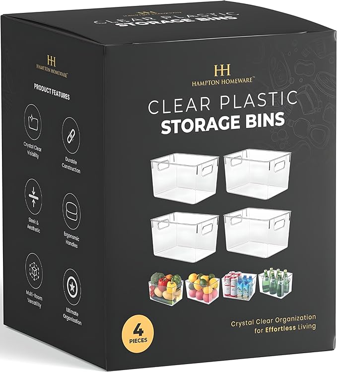 Clear Plastic Storage Bins – 4 Large Containers for Kitchen Organization or Pantry Organization and Storage, Fridge Organizer Plastic Bins, Pantry Organization and Storage Bins, Cabinet Organizers