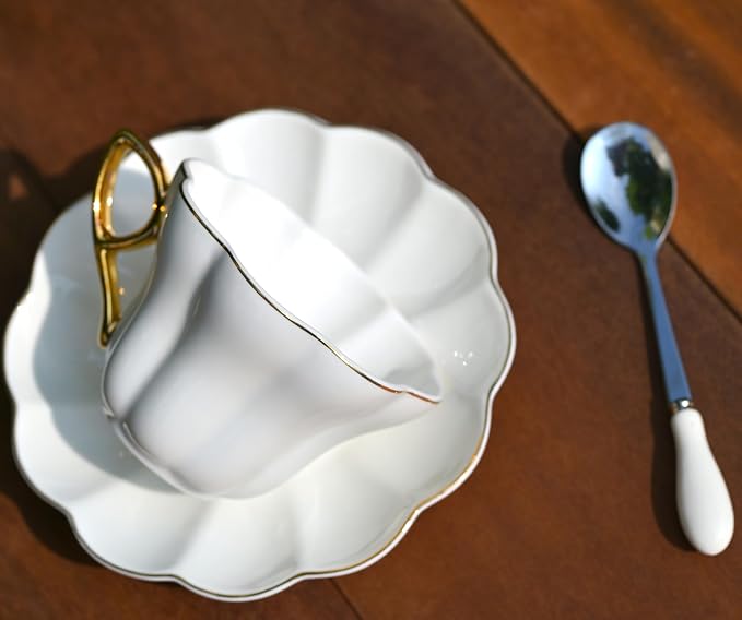 British Coffee Cup 3 Piece Set（6.8oz） Household Fashional Tea Cup with Saucer Spoon (white-B)