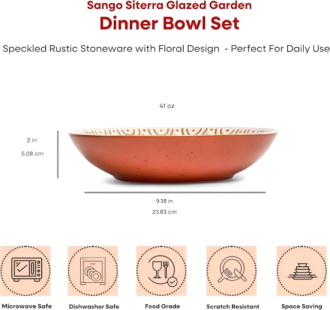 Sango 4-Piece Speckled Stoneware Pasta Bowl Set- Wide Shallow Dinner Bowls with Hand-Painted Rustic Design, Farmhouse Glossy Large Ceramic Bowls for Pasta, Salad & Everyday Meal, Siterra Glazed Garden