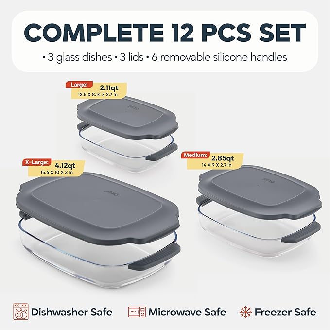 PEXO 6-Piece Glass Baking Dishes with Lids, Clear Glass Bakeware with Silicone Handles, (2.11QT, 3QT, 4.12QT) Casserole Dishes, Oven Dishwasher and Freezer safe, Rectangular Stackable Nesting Baking Dish set (Gray)
