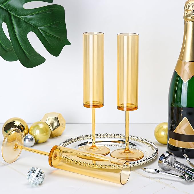 24 PCS Amber Champagne Flutes Plastic 5.4 Oz Acrylic Champagne Glasses Mimosa Flutes Glass Colored Sparkling Wine Glass Reusable Amber Toasting Glasses for Weddings Party Bar Birthday Use