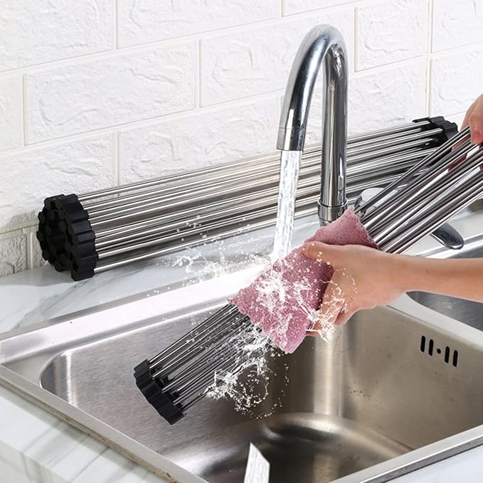 Sink Drainer Rack, Over Sink Roll Up Dish Drying Rack, Stainless Steel Fruit Vegetable Drainer for Kitchen Counter, Collapsible & Space-Saving, Fits Most Sinks(23 * 37cm)