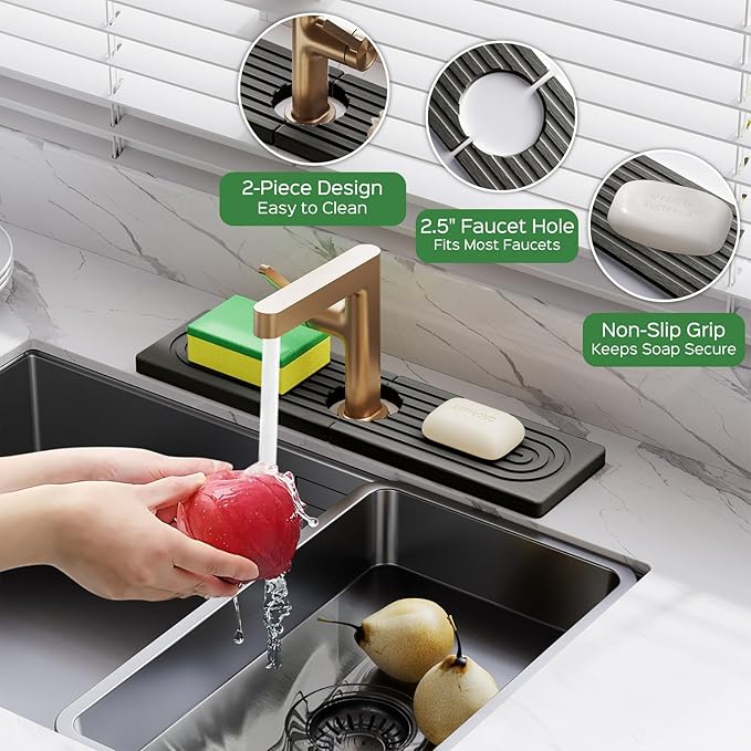16 Inch Stone Faucet Mat for Kitchen Sink Splash Guard - Diatomite Quick Dry Stone Mat Kitchen Sink Protectors, Water-Absorbent Faucet Handle Drip Catcher Tray with Drainage (Dark Gray, 15.7" x 3.9")