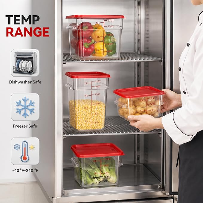 4 Pack Food Storage Containers with Red Lids, 22.0 Qt - Square, Clear, Polycarbonate, for Restaurant Commercial Kitchen and Home party