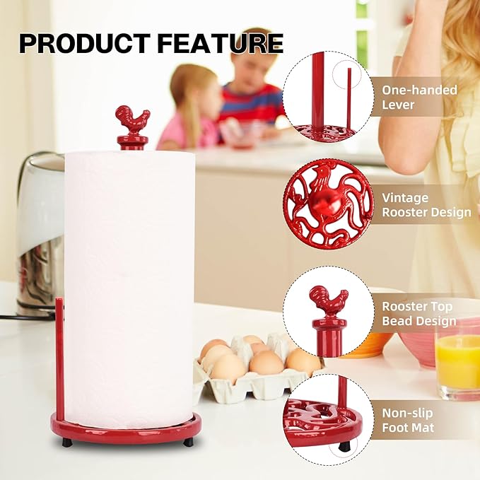 Vintage Red Rooster Cast Iron Paper Towel Holder for Kitchen Countertop - Farmhouse Decor Freestanding Dispenser with Heavy Base, Fits Jumbo Rolls, Easy One-Handed Tear