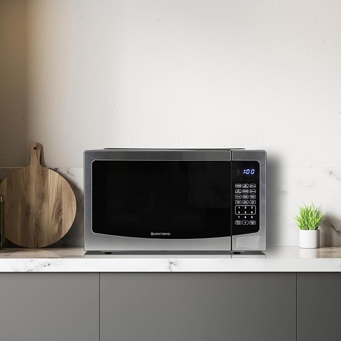 West Bend Microwave Oven 1000-Watts Compact with 6 Pre-Set Cooking Settings, Time and Weight Defrost, Electronic Control Panel and Glass Turntable, 1.1 Cu.Ft., Stainless Steel