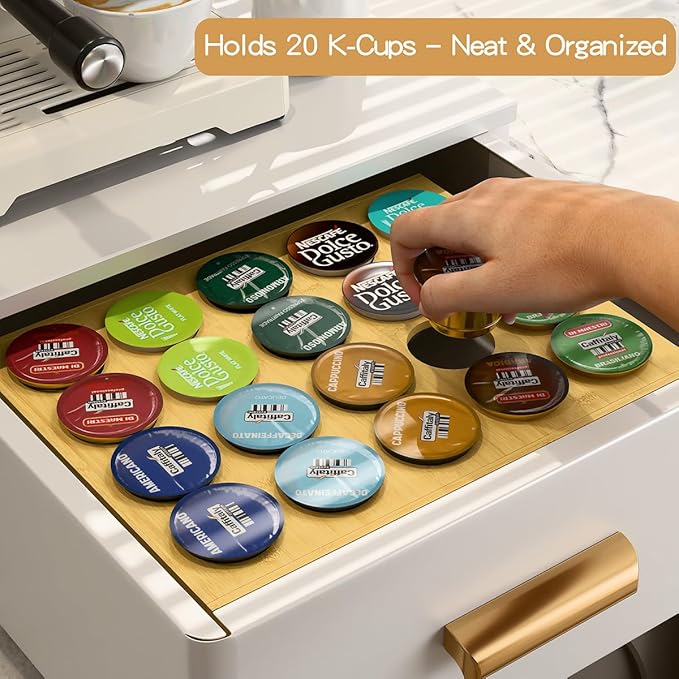 PEKER Bamboo Coffee Pod Drawer Organizer, Holder Tray for Coffee Station, Holds 20 Single-Serve Pods, Natural Bamboo Organizer for Kitchen Storage