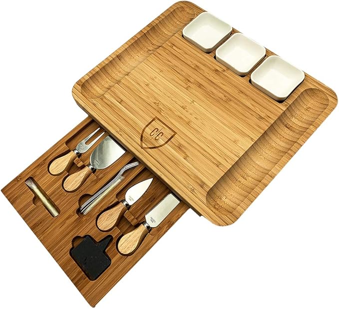 Carnivore Club Bamboo Charcuterie Board Set - Extra-Large Modern Rectangular Serving Platter with Cheese Knives, Ceramic Bowls, Slate Markers & More