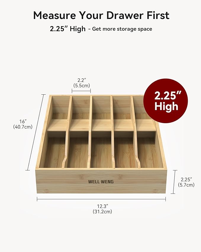 Bamboo Cutlery Drawer Organizer,Silverware Organizer 10 Slot Silverware Tray with V-Groove & Anti-Slip Blocks Flatware Utensil Storage for Kitchen Drawers (16" D x 12.3" W x 2.25" H)