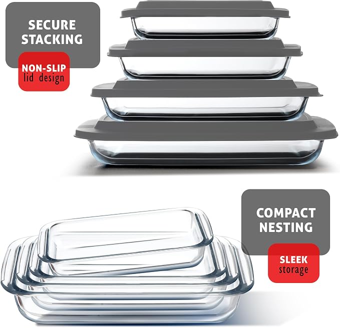 EATEX 16-Piece Deep Glass Casserole Dishes for Oven with Plastic lids, Rectangular Glass Baking Dish Set, Baking Pans for Lasagna, Leftovers, Cooking, Kitchen, Freezer-to-Oven and Dishwasher, Gray