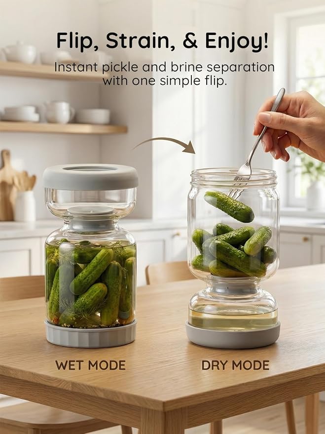 Pickle Jar for Pickle Olive Hourglass Jar, Auto Separator Juice 2 Pack Grey | Glass Pickle Jar Body, ABS Lid and BPA Free for Airtight Food Storage, Pickle Jar 2 Pack Grey