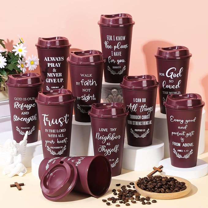 Skylety 20 Pack Bulk Christian Gifts for Men Women 16oz Reusable Bible Verse Tumbler Plastic Coffee Cup with Lid Inspirational Religious Church Gift for Teacher Graduation Party Favor (Burgundy)