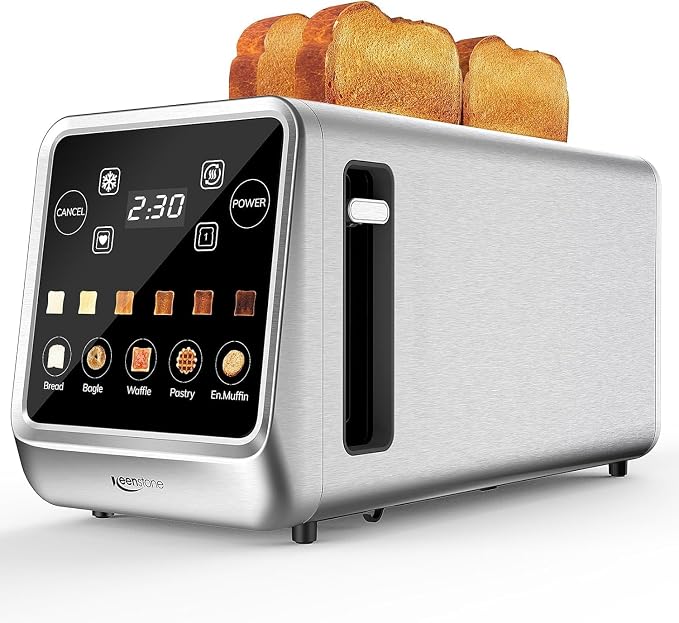 Keenstone 4 Slice Touch Screen Toasters with Wide Slot, 1400W Stainless Steel Smart Toaster for Bagels, Waffles, Muffin - Timer, Defrost, Reheat & Memory Function, Family Breakfast Toaster