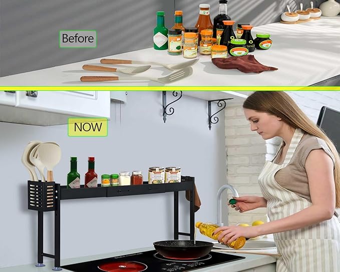 Horynar Over Stove Spice Shelf for Kitchen Spice Rack Organizer with Extra Black Basket and Hooks Great for Stove Top Shelf