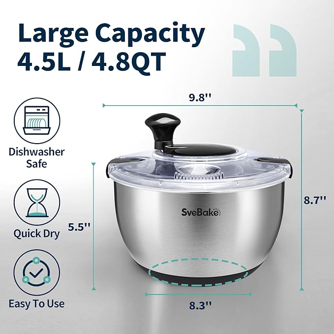 Stainless Steel Salad Spinner, 4.8 Qt Vegetable Washer, BPA-Free Lettuce Dryer with Crank Design, Dishwasher Safe, Non-Slip Base - Transparent Lid