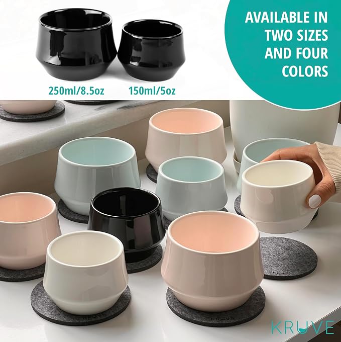 KRUVE Porcelain Latte Coffee Cups, Double Walled Insulated, Spherical Design for Latte Art, 8.5oz (Pink, Set of Two)