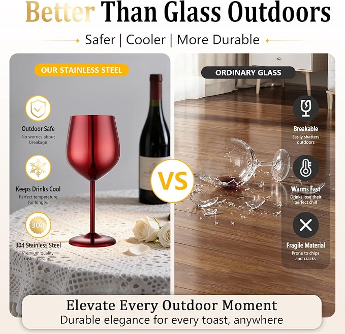 UNISWEET Stainless Steel Wine Glasses Set of 4 Unbreakable Wine Glass 18 oz Unique Metal Wine Goblets for Outdoor, Travel, Camping, Pool, Ideal Gift for Wine Lovers (Mirror-Red)