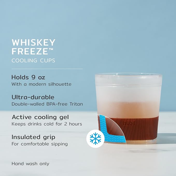 Host FREEZE Beer and Whiskey Glasses Set, Insulated Drinking Glasses, Freezable Pint Glass and Old Fashioned Glass with Silicone Bands, Perfect Gifts for Men, Dad Gifts, 16 oz & 9 oz, Set of 4, Wood