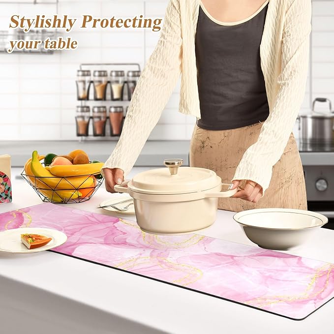 2-in-1 Table Runner Trivet for Hot Dishes Heat Resistant Hot Plate Mat Pad 39x12 Inch Waterproof Table Protector Trivets for Countertop Non Slip Decorative Marble Pink and Luxury Gold