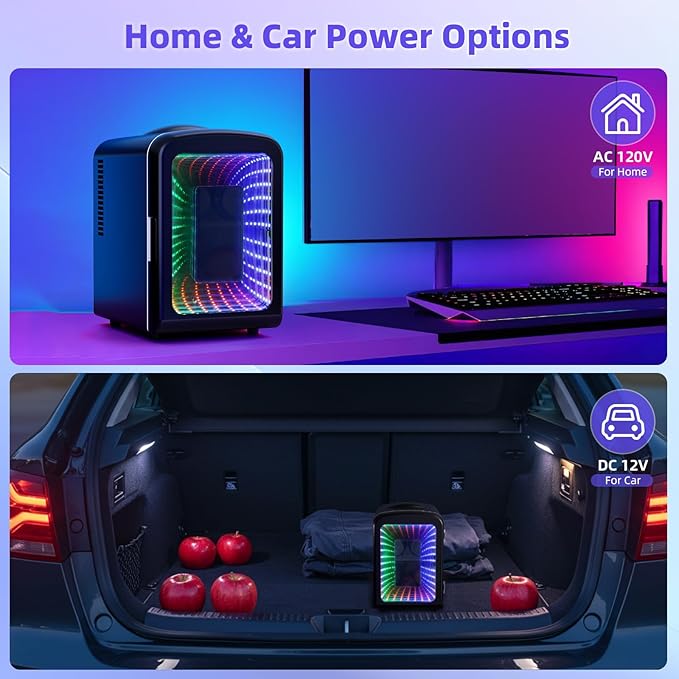 Antarctic Star Mini Fridge 4 Liter/6 Cans Portable Mini Compact Refrigerator with Gaming Light, for Bedroom,Car,Office and Dorm, Small Cooler for Cosmetics, Beverage and Food, Black