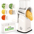 NutriChef 5 in 1 Cheese Grater & Shredder | 5 Different Blades for Thin, Thick, Julienne Strips, Wavy, & Straight Strips | Includes Hand Crank, Strong Suction Base & Storage Container | White