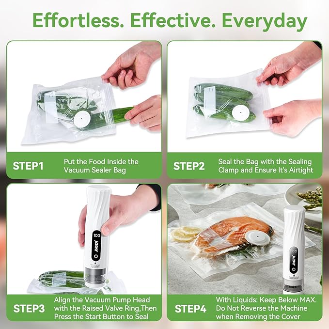 Handheld Vacuum Sealer (Food Storage):Compact Vacuum Sealer Food, 80kPa Suction, 1800 mAh Battery, 30 Reusable Sous Vide Bags, Preserve 6X Freshness For Kitchen, BBQ, Travel.