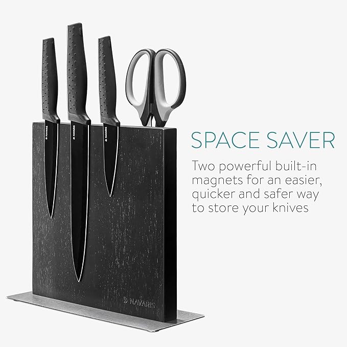 Navaris Magnetic Knife Block - Kitchen Storage with Strong Magnets for Knives & Utensils - Simple, Modern Utensil Holder in Black Rubberwood - 8.9" x 8.7"